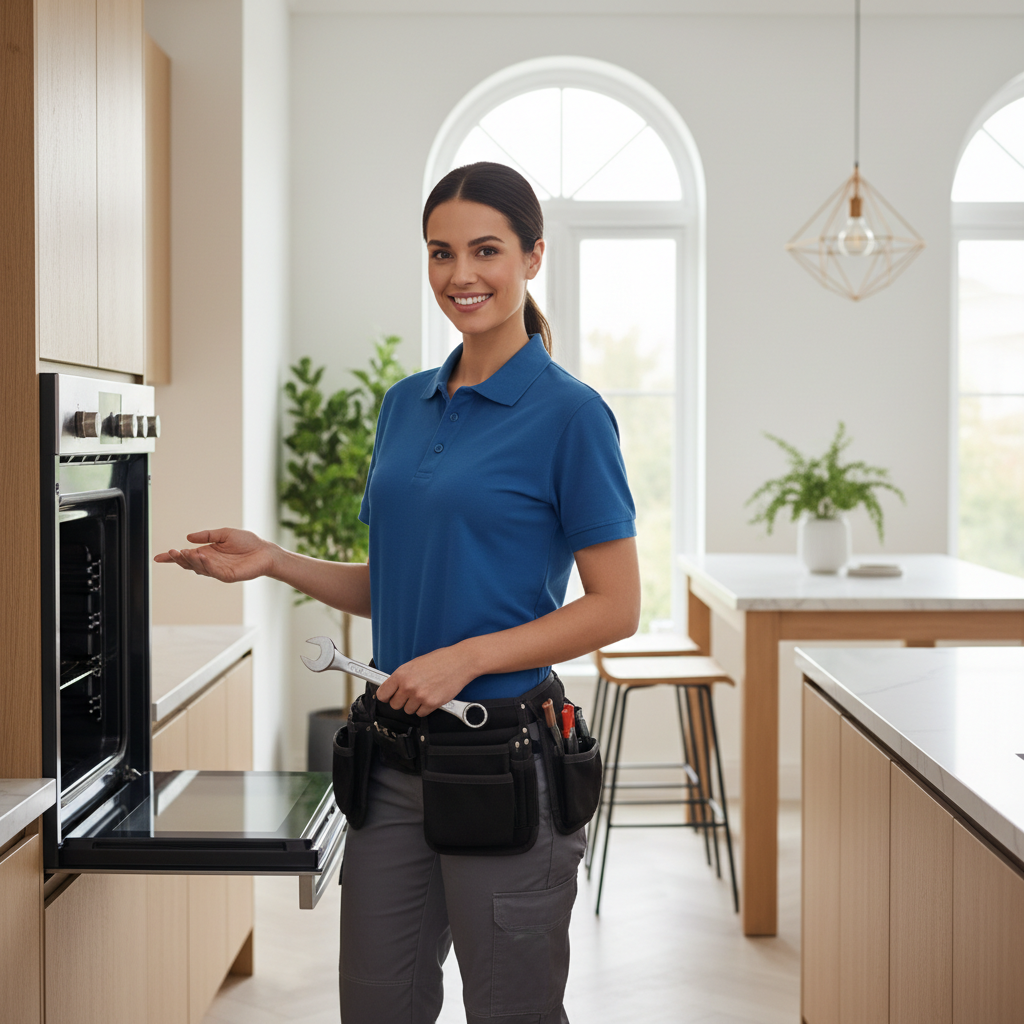 Smiling appliance repair technician standing in a modern kitchen