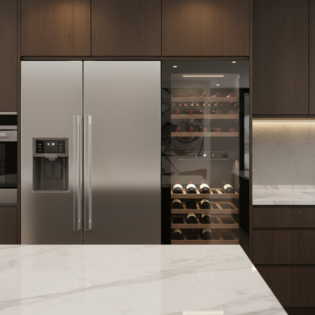 High-end kitchen refrigerator and wine cooler close-up
