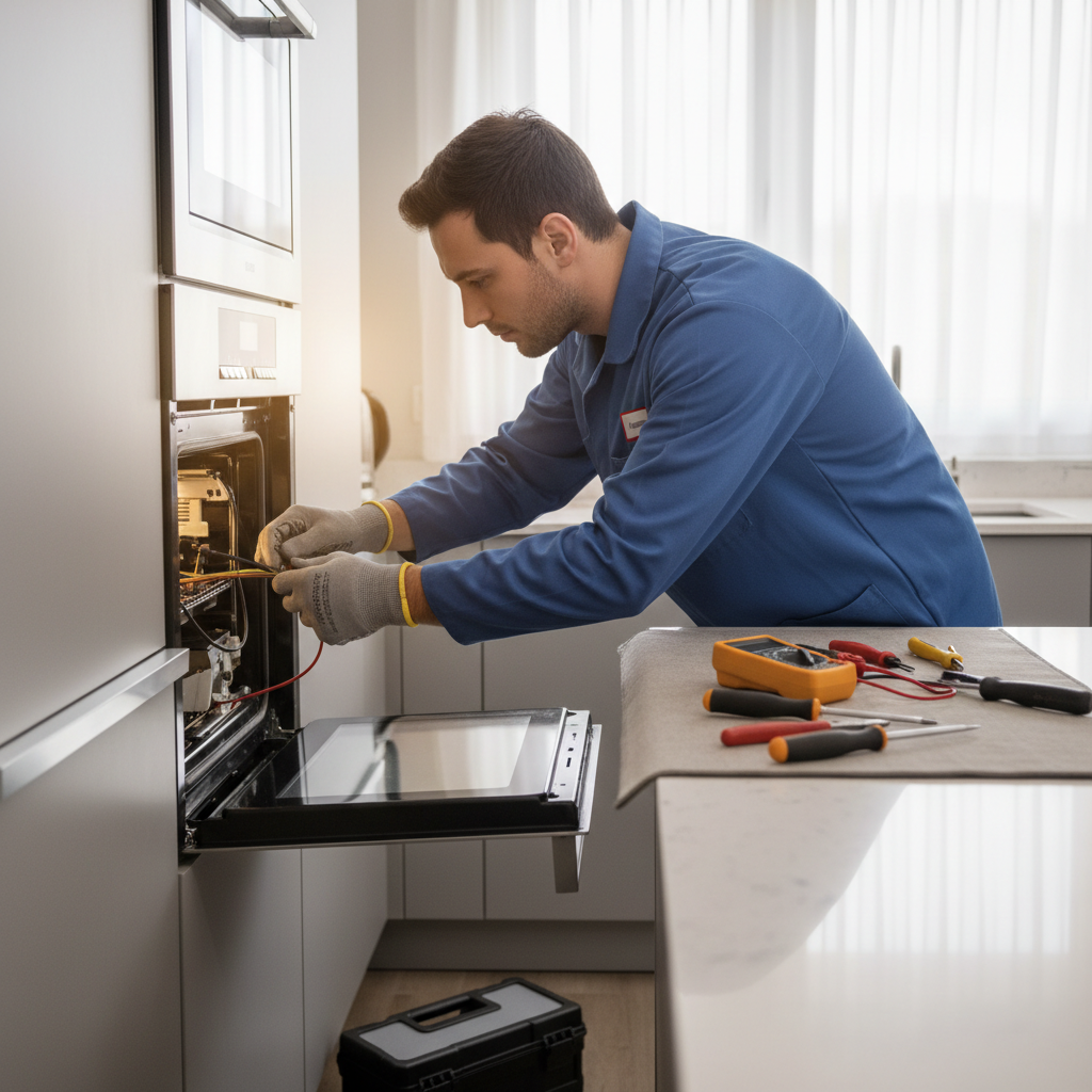 Technician repairing a built-in oven in a bright kitchen